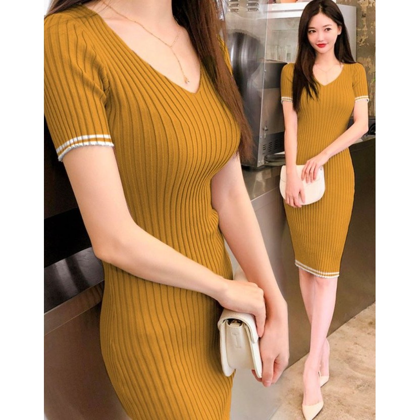 HOPYLOVY - Dress Wanita Korean Style Bodycone Kerah V list Putih Shaza