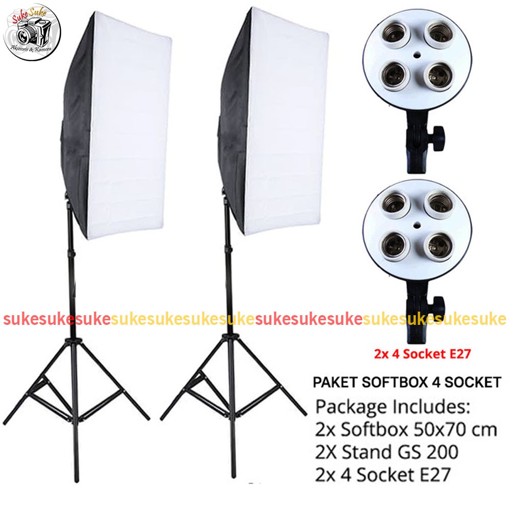 Paket Studio Light Stand 2M+ 4 Socket E27 + Softbox Midio
