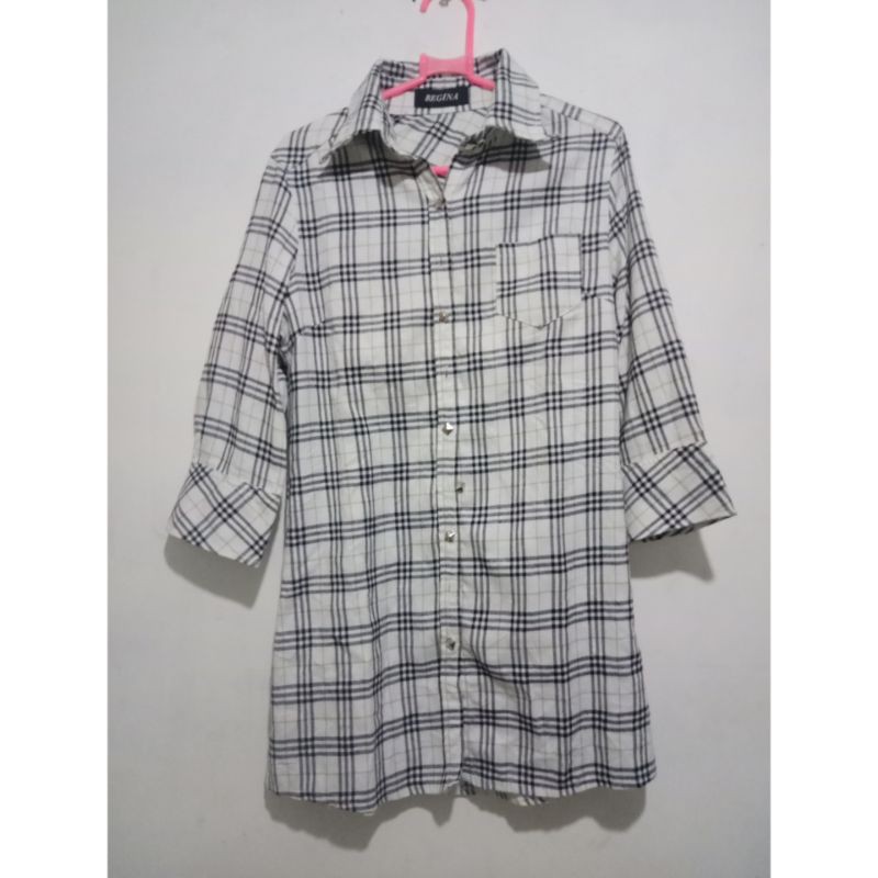 PL kemeja flanel tunik kotak2 putih