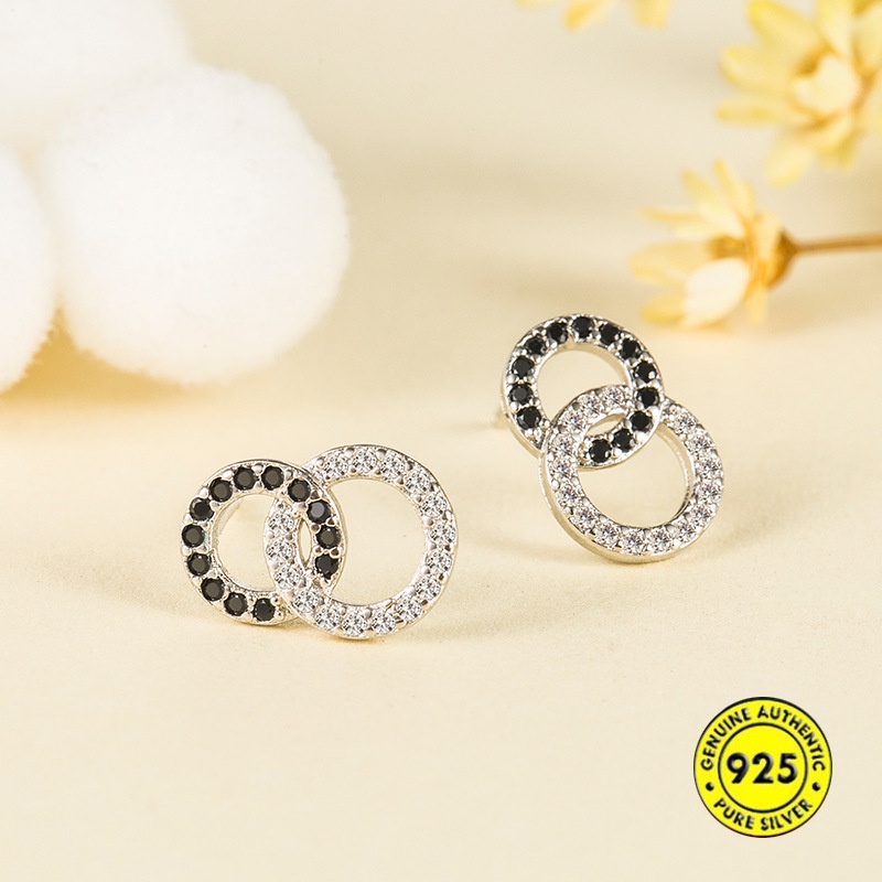 Anting Tusuk Sterling Silver 925 Desain Lingkaran Kecil Hias Zircon Hitam Putih Untuk Wanita