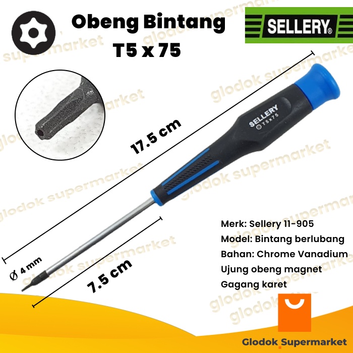 Obeng Bintang T5 x 75 Sellery 11-905 Star Lubang Panjang Besi 75mm Magnet Gagang Karet