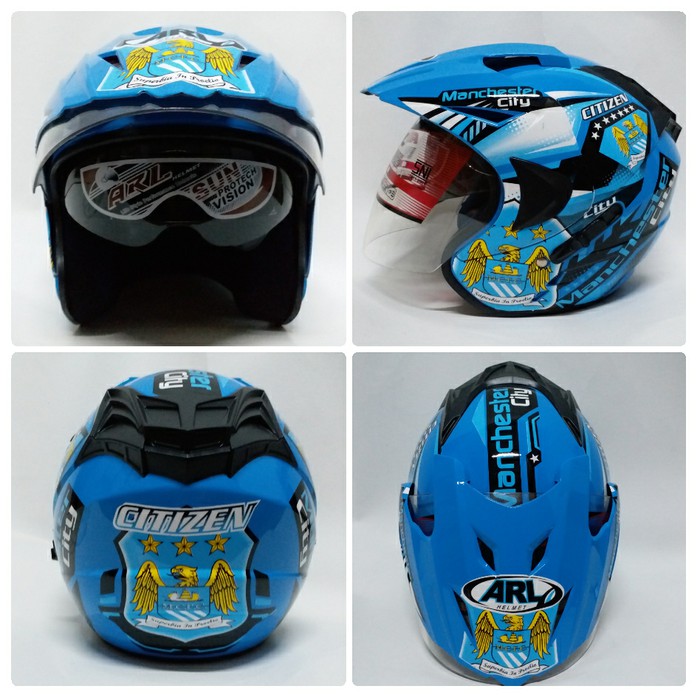 Helm ARL Club Bola Half Face Double Visor Manchester City Biru Muda.