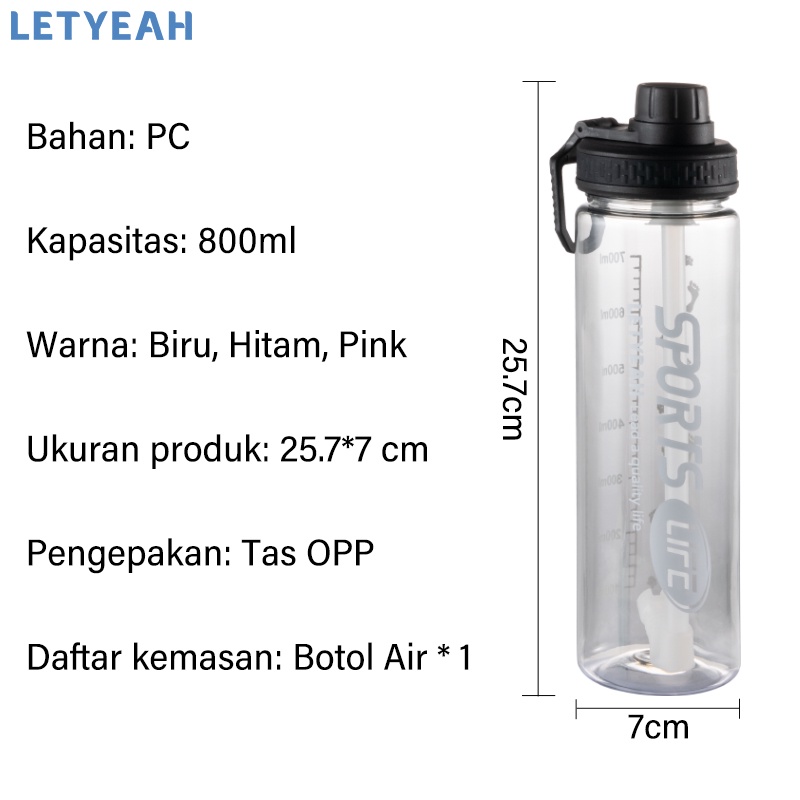 LetYeah 800ml Botol minum olahraga sport portable botol air sedotan outdoor /BPA free