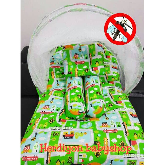 BY-5135 Set Kasur Bayi Kelambu Lipat Bantal Guling Karakter Hijau Lucu Bess Murah