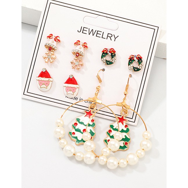 LRC Anting Tusuk Set Fashion Gold Cartoon Snowflakes Bell Christmas Tree Earrings D22057