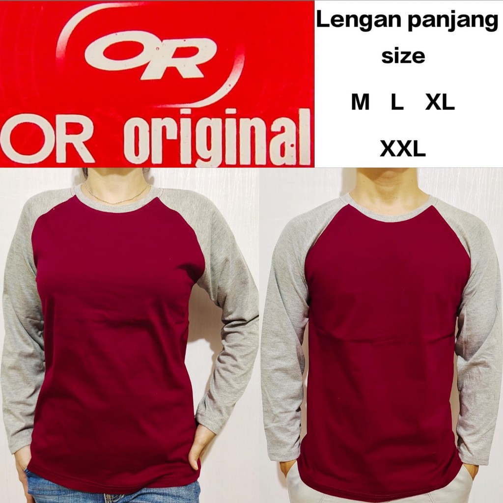 Kaos raglan polos merah maron lengan abu misty panjang M L XL XXL