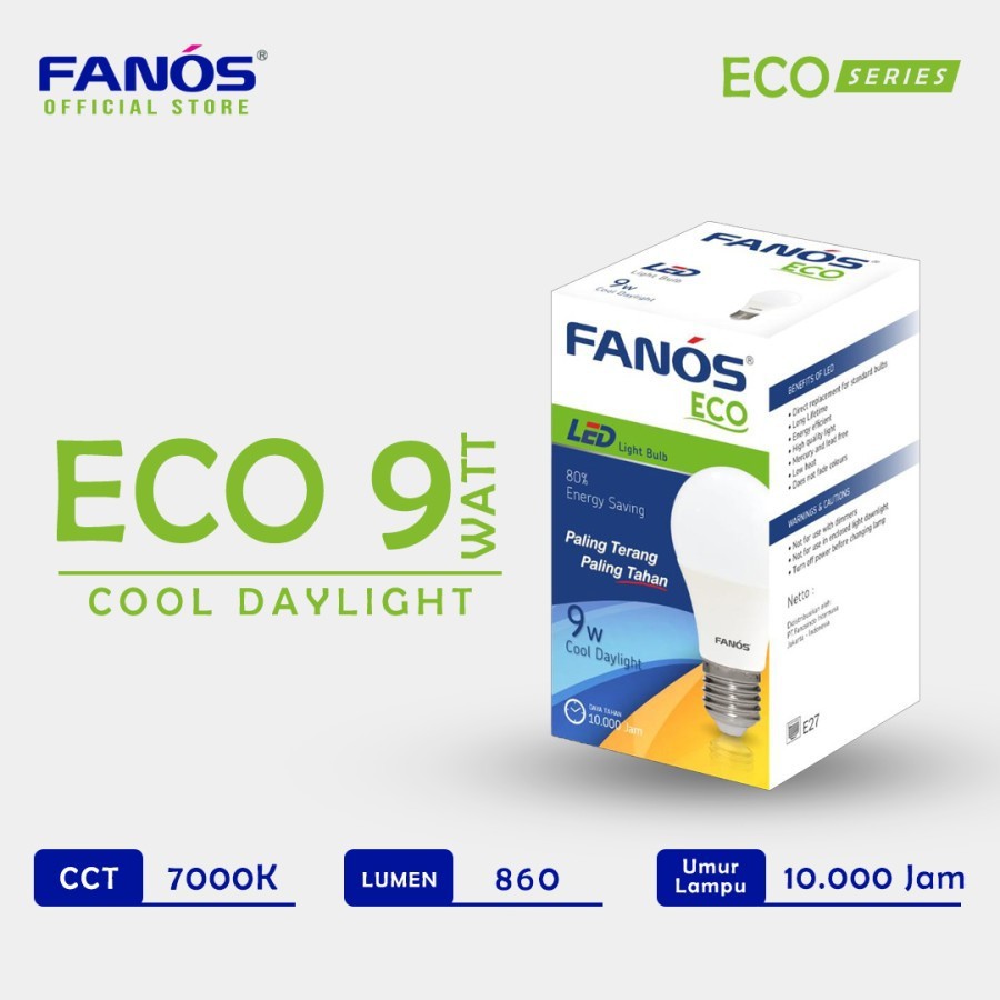 Fanos Lampu Led Eco 9 Watt - Bohlam Bergaransi 9W 9Watt 9 W Putih Cool Daylight