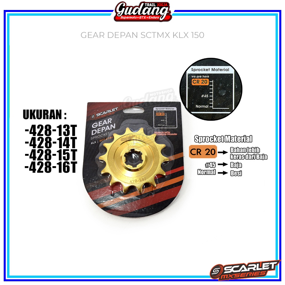 Gear Gir Depan SCARLET MX Supermoto Trabas Gold 428 14T-16T CRF 150L KLX Dtracker WR 155 GOLD