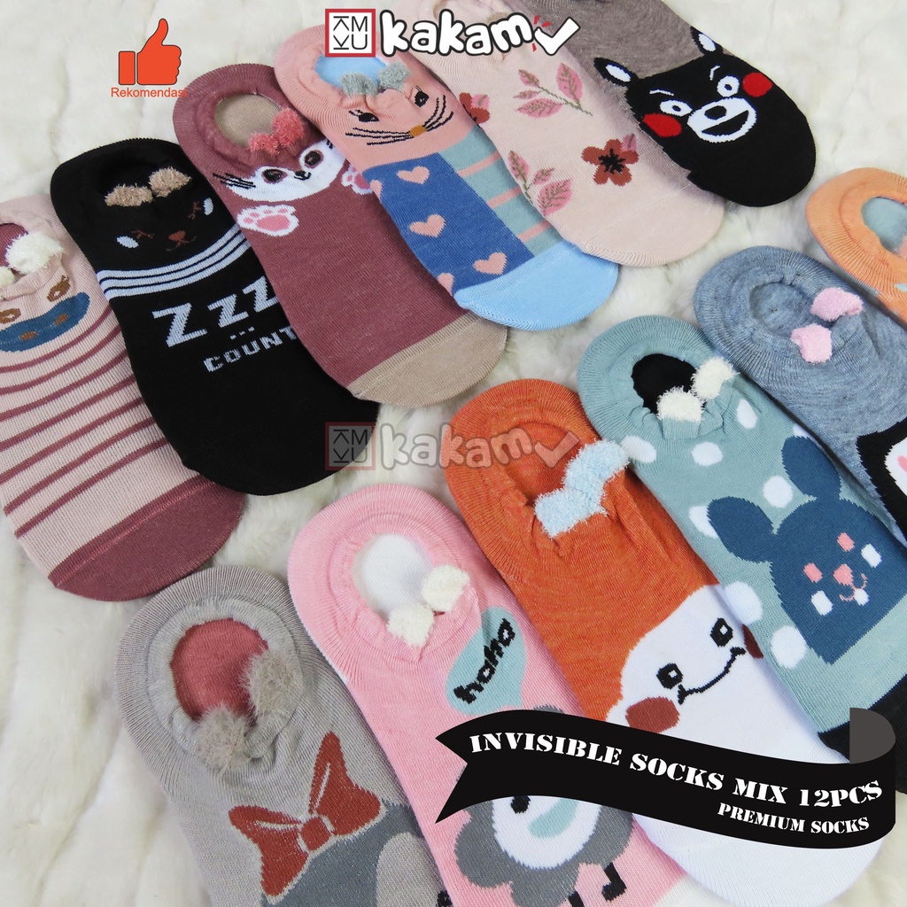 Kakamu Paket Kaos Kaki Invisible / Balet / Dibawah Mata Kaki Motif Karakter 3D Aksen Telinga Mix 12pcs