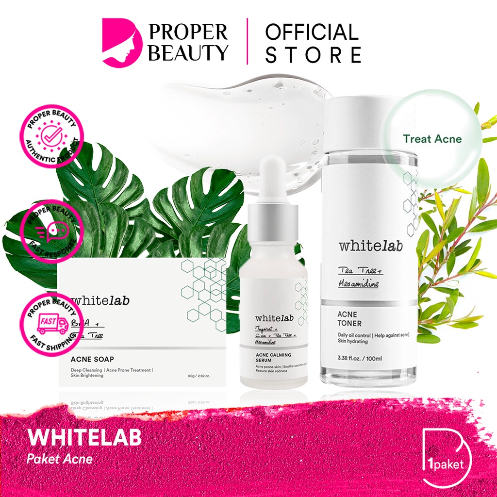 WHITELAB Paket Acne Indonesia / Facial Wash Hydrating Essence Toner Serum Ampoule Day Night Underarm Eye Cream Sunscreen Clay Mask Masker Gel Body Soap / Face Brightening Mugwort Niacinamide Peeling Calming Wajah Lengkap Set / Sabun Krim Pelembab White