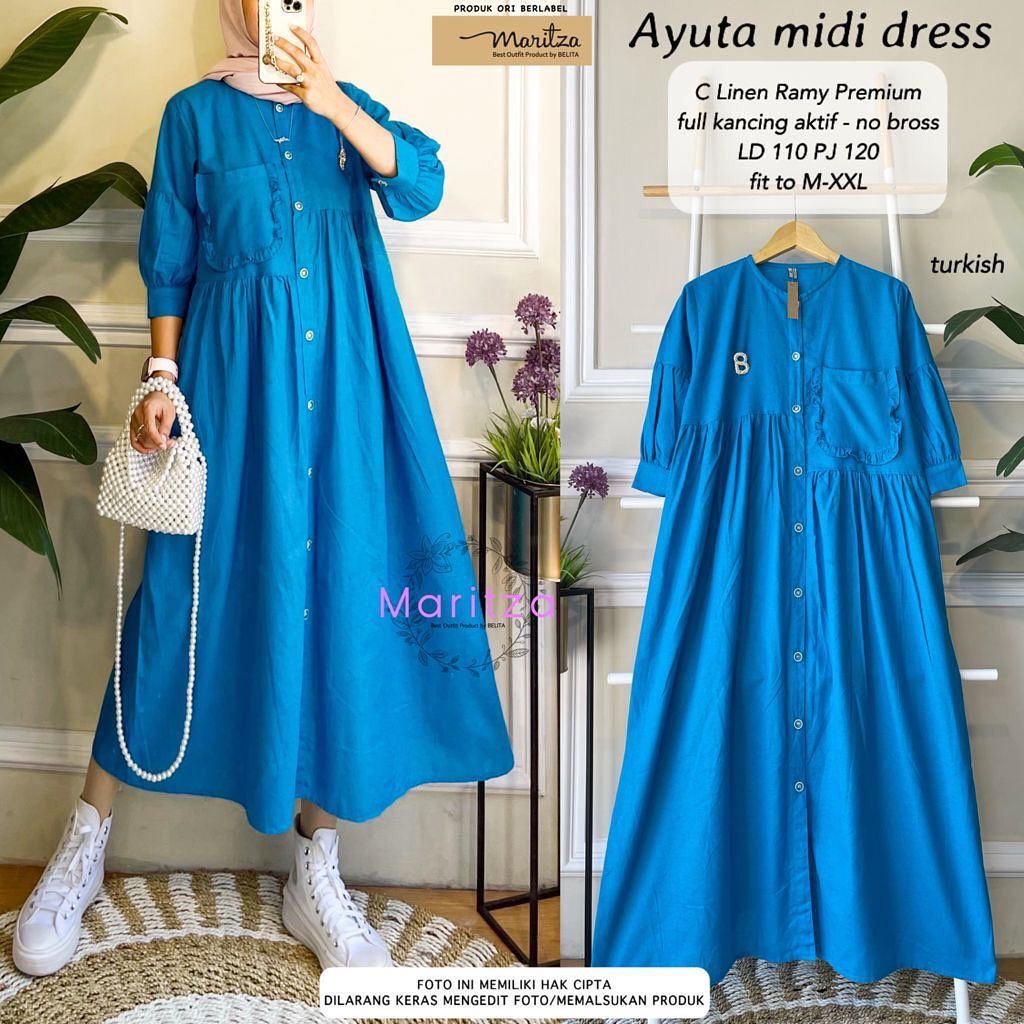 AYUTA MIDI DRESS POLOS  BAHAN LINEN RAMI DRESS MUSLIM BUSUI MIDI DRES KOREA DRESS JUMBO MIDDI DRES T