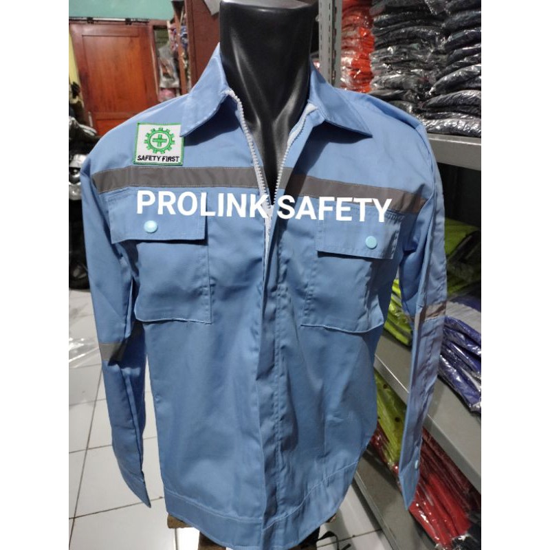 RESLETING BAJU SAFETY TELUR ASIN BIRU LANGIT BERLOGO K3 BENDERA WEARPACK ATASAN KERJA