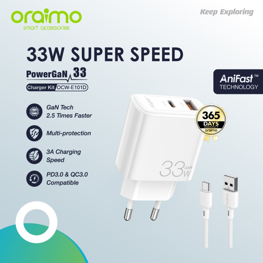 Oraimo OCW-E101D+C54 PowerGan Charger 33W Super Speed Fast Charging