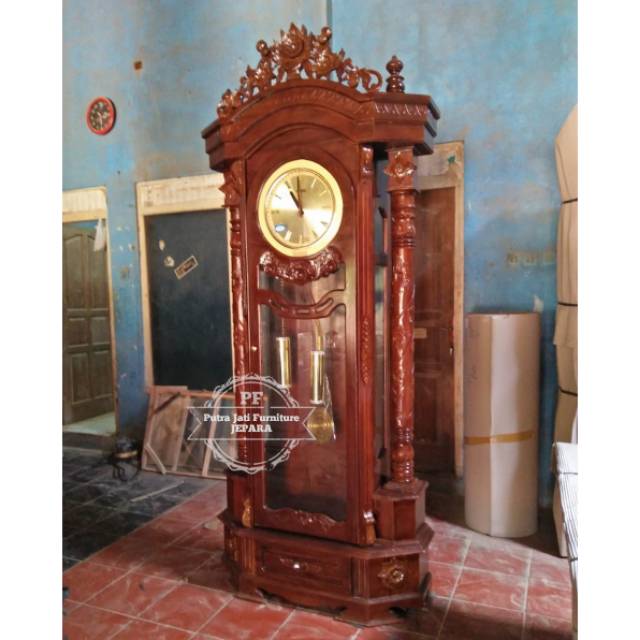 Jam Masjid Ukir/ Jam Berdiri Warna Natural/ Jam Kayu Jati Khas Jepara