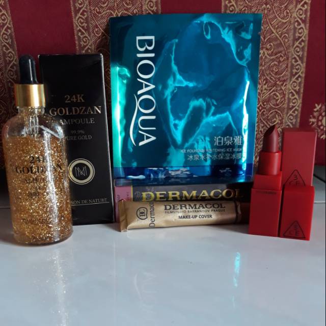 PROMO PAKET: 1 PC GOLDZAN 24K; 1 PC LIPSTIK 3 CE; 1 PC DERMACOL; 1 PC BIOAQUA  ICE MASK