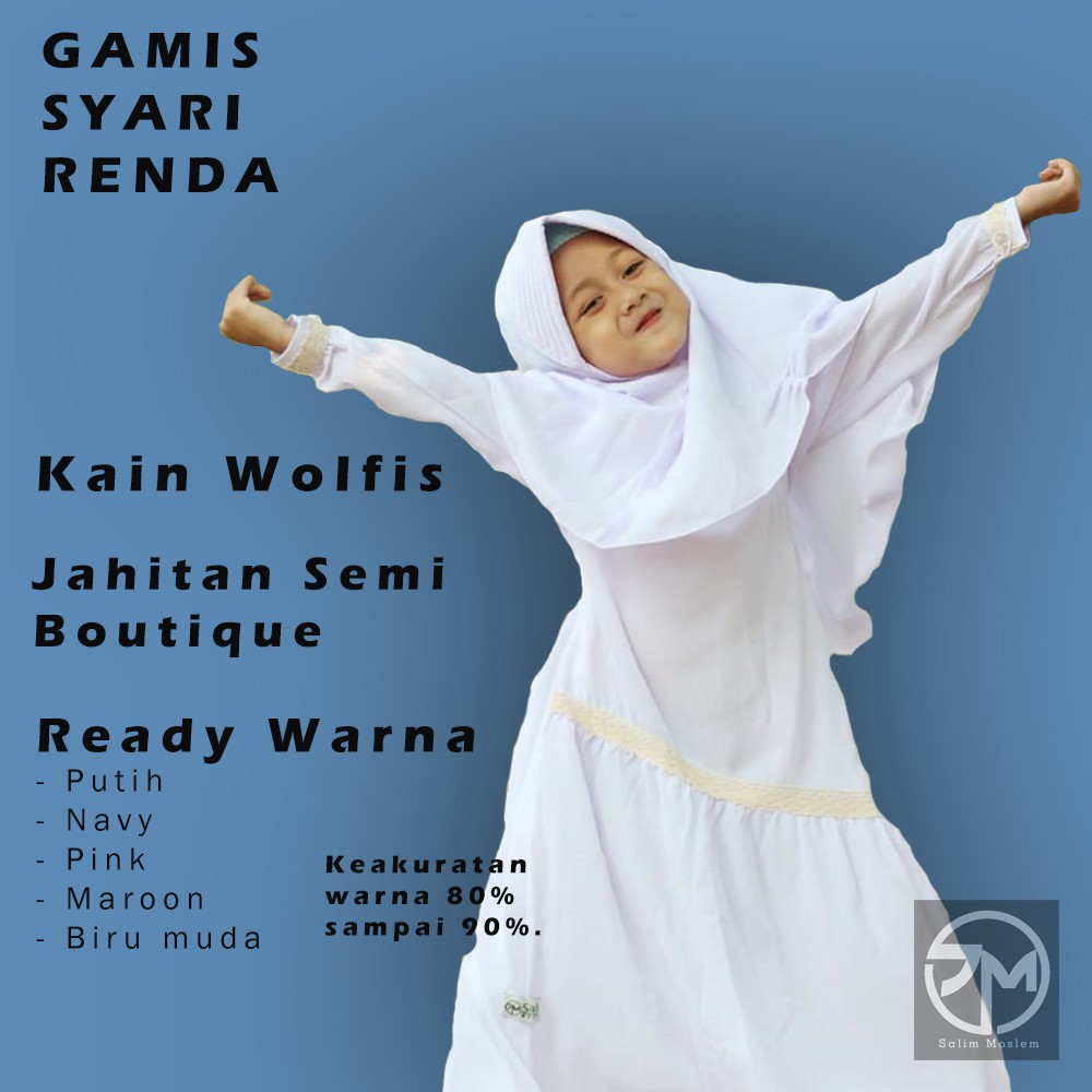 Salim Moslem-Busana Muslim/Gamis Anak Syari Renda Set Kerudung Jilbab Wolfis/toyobo Usia 1-10TH