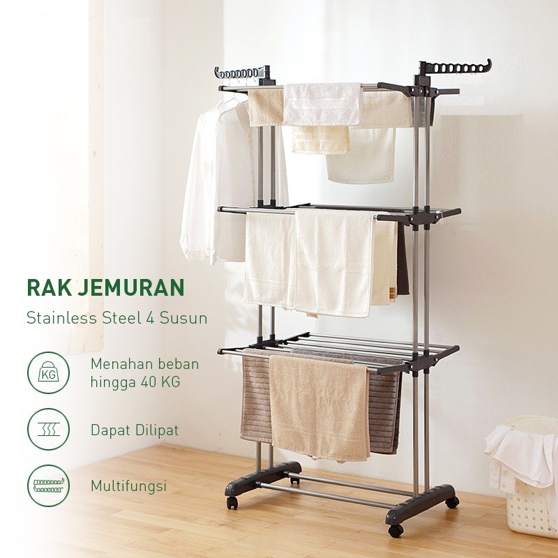 IKILOSHOP RJL Rak Jemuran Lipat Baju 3 Susun Gantungan Baju Roda Jemuran Hanger Outdoor