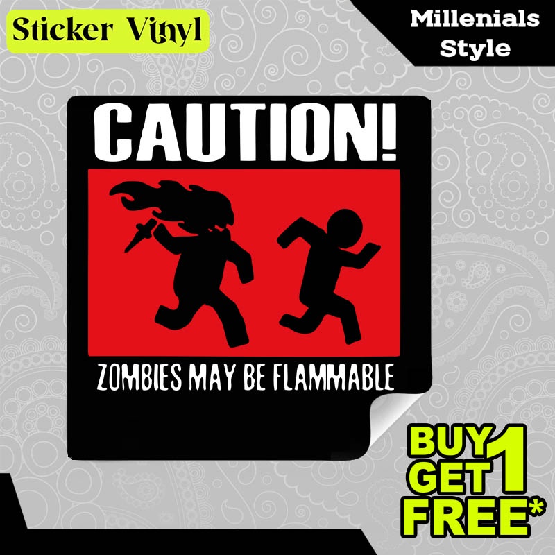 

Stiker Sticker Caution Zombies Flammable Gambar Unik Desain Keren dan Kekinian Aesthetic Bahan Vinyl Satuan Anti Air
