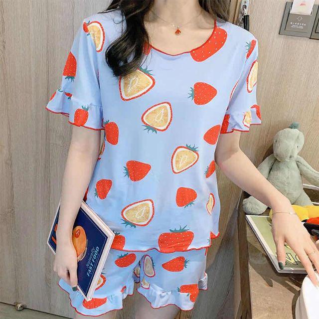 Baju tidur Wanita Import Bahan Kaos Spandex Tebal Aneka Motif All Size L Short Pants-Stroberi blue