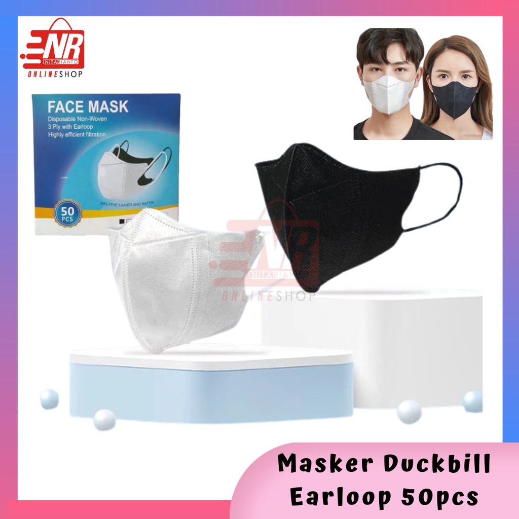 Masker Duckbil Earloop 3D / Masker Duckbill / Face Mask 3ply 50pcs / Masker Duckbill Hitam / Masker Duckbil Warna