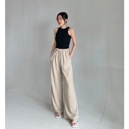 SIVALI KIYO PANTS | Celana Kulot Highwaist Wanita Pinggang Full Karet - Loose Pants Anti Kusut - Celana Bahan Kantor