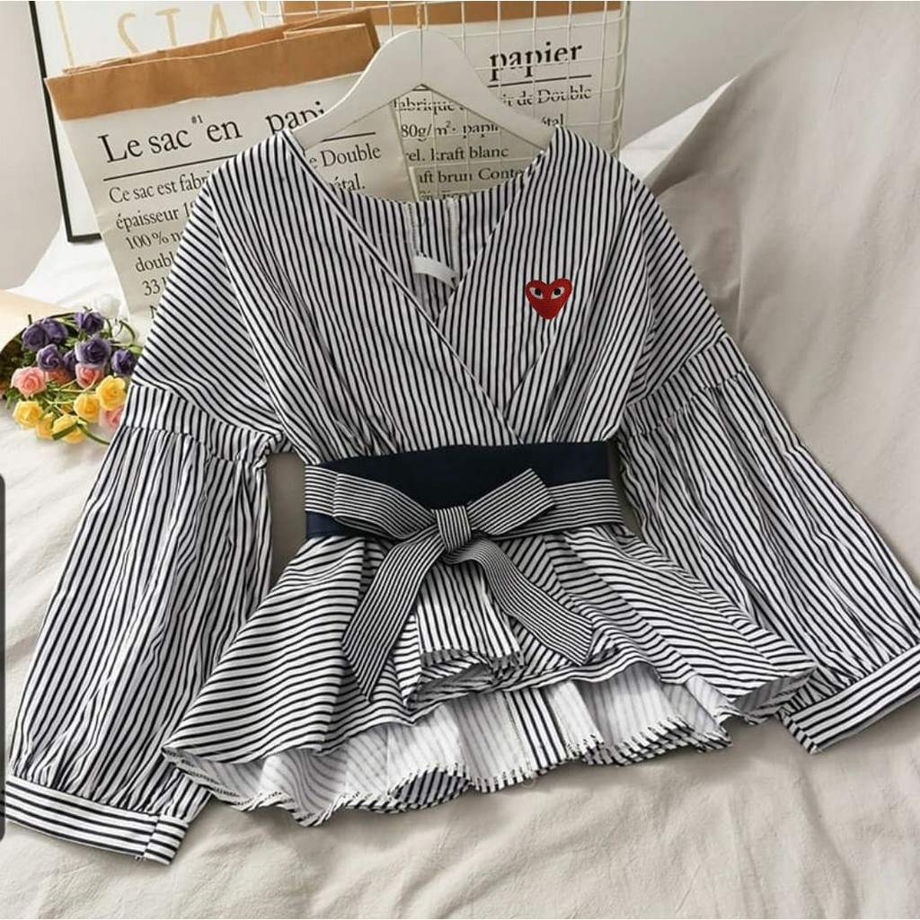 FWG - BLOUSE DAIMA / BLOUSE SALUR / BLOUSE KOREA / ATASAN TERBARU  / ATASAN WANITA-DAIMA GARCON HITAM