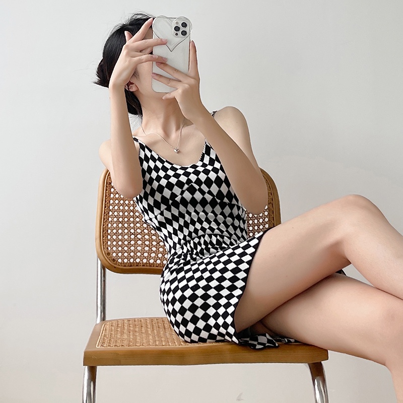 【Elegant】Sexy Low Cut Houndstooth Cami Top &amp; Slit Skirt  Two Piece Set 7473