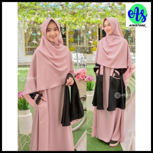 Gamis Elbina Set + Outer + Hijab | Size S M L Xl | Bahan Moscrepe Hq