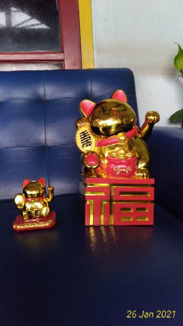 Kucing Hoki Power Solar 7 Cm Gold White Maneki Neko Lucky Cat Hiasan Etalase Toko Pajangan Unik