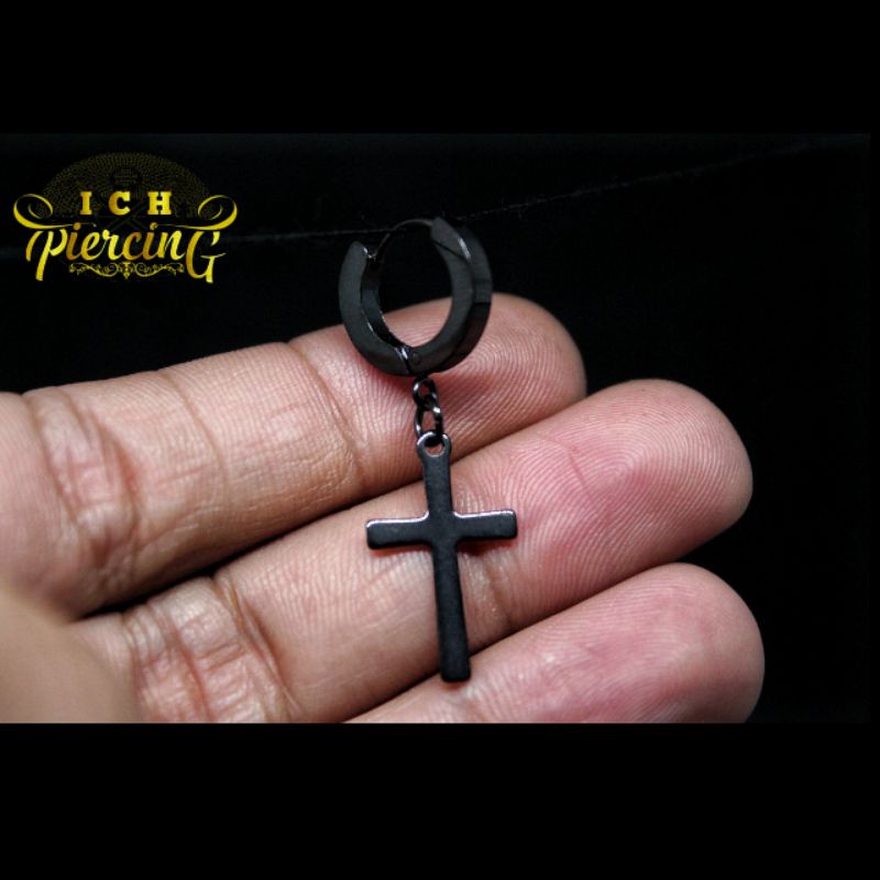 anting titanium tindik Korea terbaru / anting tindik model salib titanium silver dan hitam