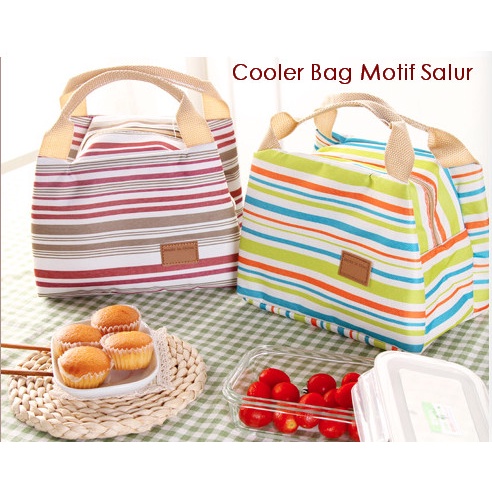 Promo Terbaru!!!  Tas Bekal Lapis Aluminium Tahan Panas Dingin Lunch Cooler Bag Salur Motif Garis Berkualita