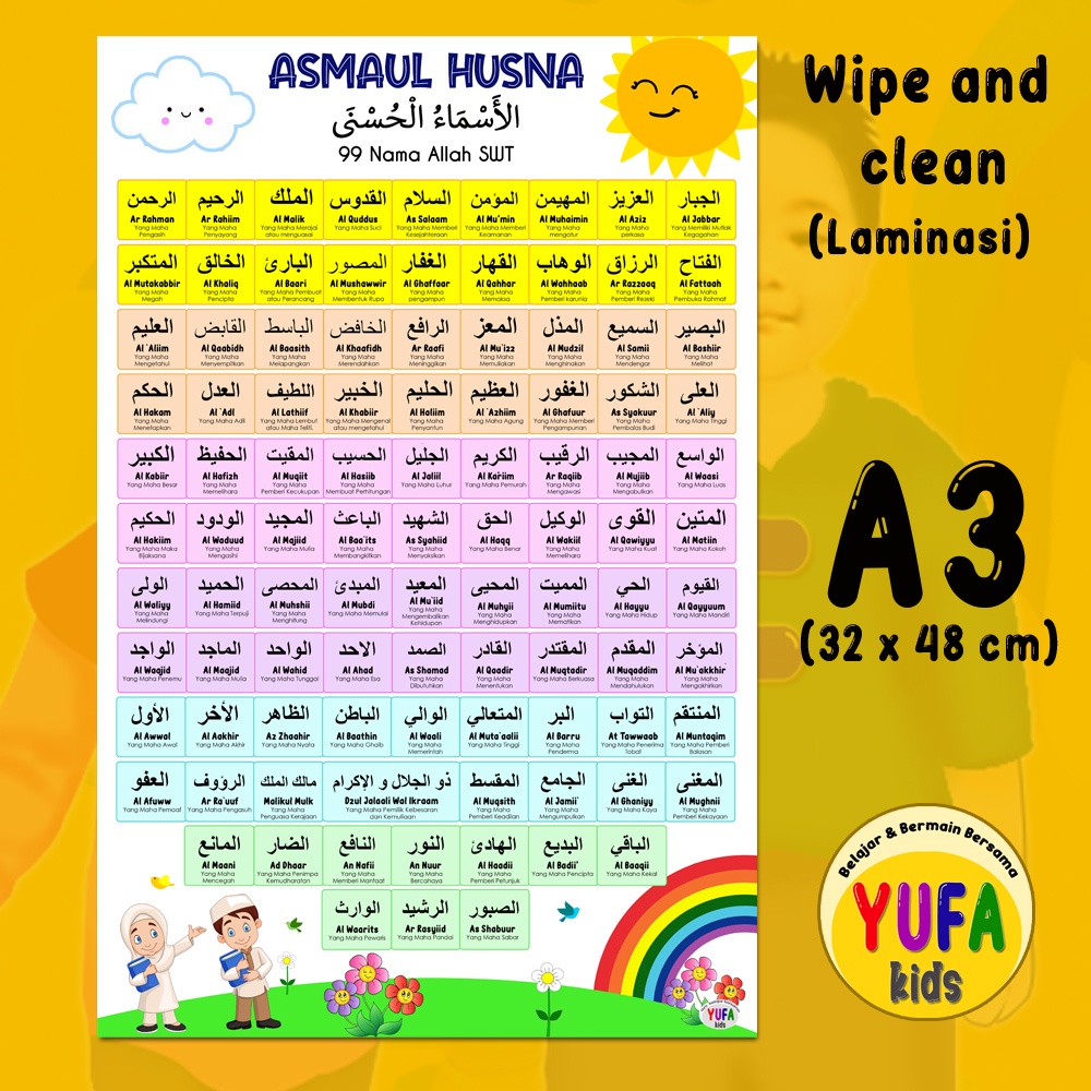 123 Poster Asmaul Husna - Poster Edukasi Anak - Poster belajar anak - Poster wipe and clean - perlen
