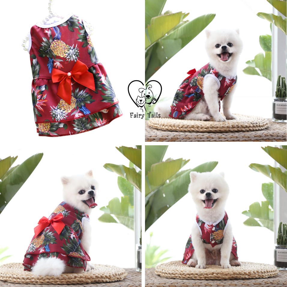 Baju Anjing Kucing Kostum Dress Hawaii dengan Pita | Pet Hawaiian Pineapple Dress