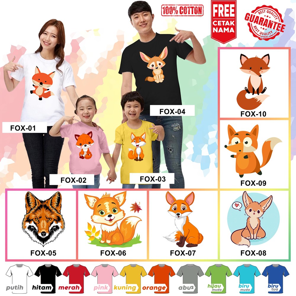 [FREE NAMA!!] Baju Kaos ANAK DAN DEWASA RUBAH FOX BANYAK MOTIF