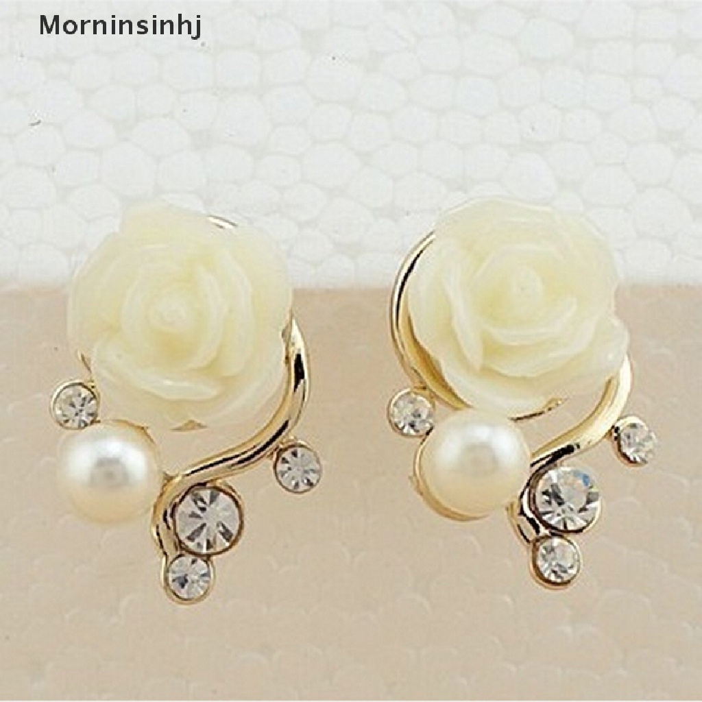 Mornin Wanita Manis Fashion Earings Rose Shaped Mutiara Buatan Berlian Stud Earrings id