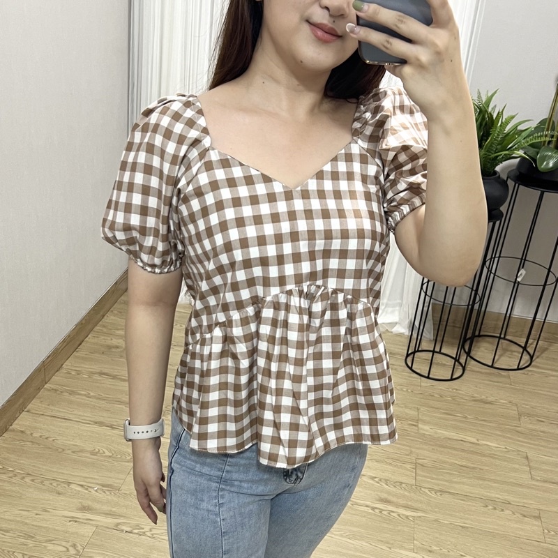 Ara Top - Blouse Lengan Balon / Blouse Katun / Blouse kotak / Atasan Katun / Atasan Wanita Blouse-Cokelat