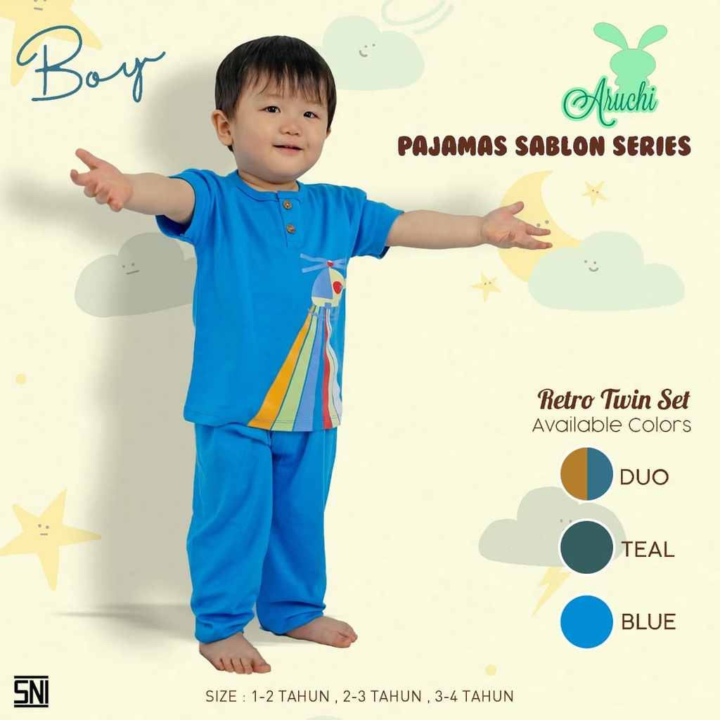 ARUCHI SETELAN PIYAMA RETRO TWIN SET SABLON SETELAN BAJU PENDEK CELANA PANJANG ANAK UNISEX 1 - 3 TAHUN