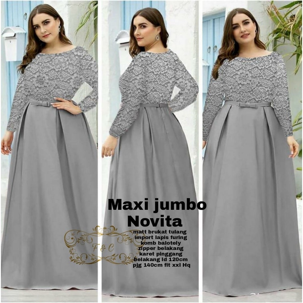 Dress Maxi Jumbo Brukat Lengan Panjang/ Dress Brukat NOVITA Maxi Fit To XXL