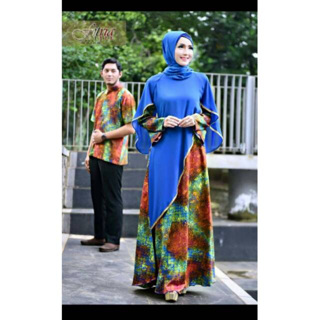 Gamis Couple Koko kemeja warna blue by Fitria style baju set dengan pashmina
