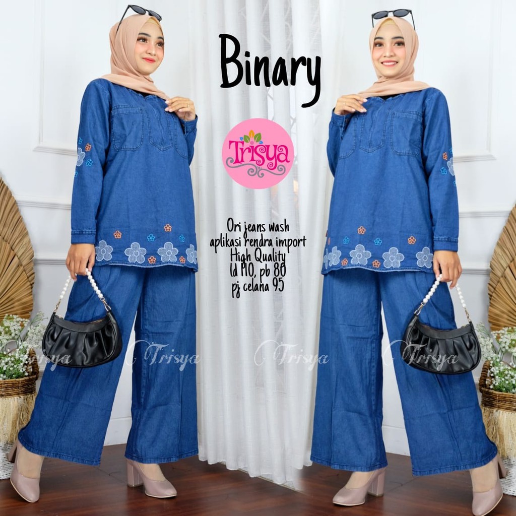 ONE SET PANTS SETELAN CELANA JEANS BUNGA BORDIR SETCEL KULOT