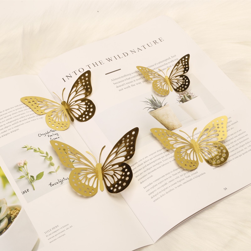 COD❤️12pcs Sticker Butterfly 3D Kupu-kupu Dekorasi Dinding Aesthetic Emas Bunga Decor Hiasan Mahar Rustic Dekorasi Wall Sticker