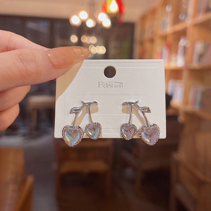 Anting Stud Desain Cherry Moonstone Bahan 925 silver needle Untuk Anak Perempuan