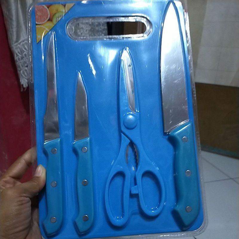 Pisau Set + Telenan 5in1 - Pisau Talenan Gunting Dapur / Cutting Board