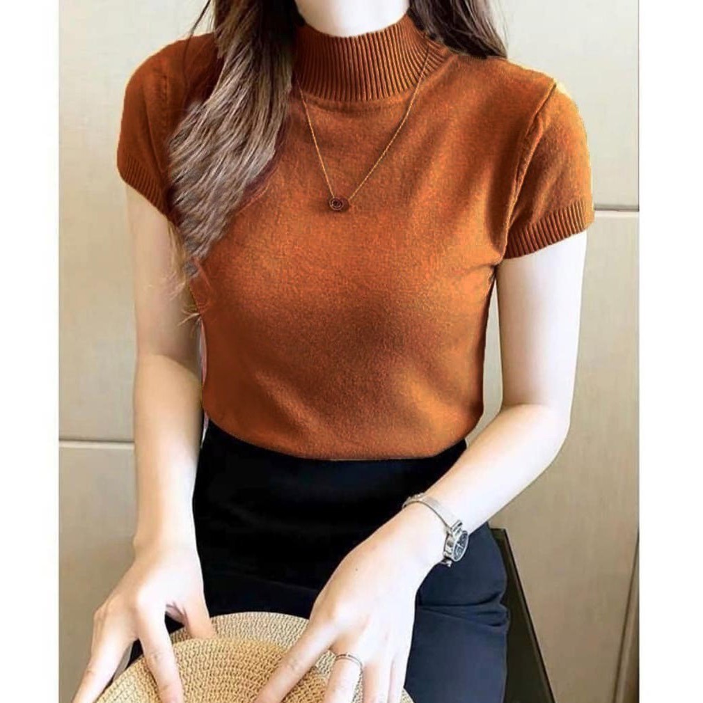 Atasan Rajut Wanita Turtleneck - Kerah Tinggi Lengan Pendek - Knit Premium