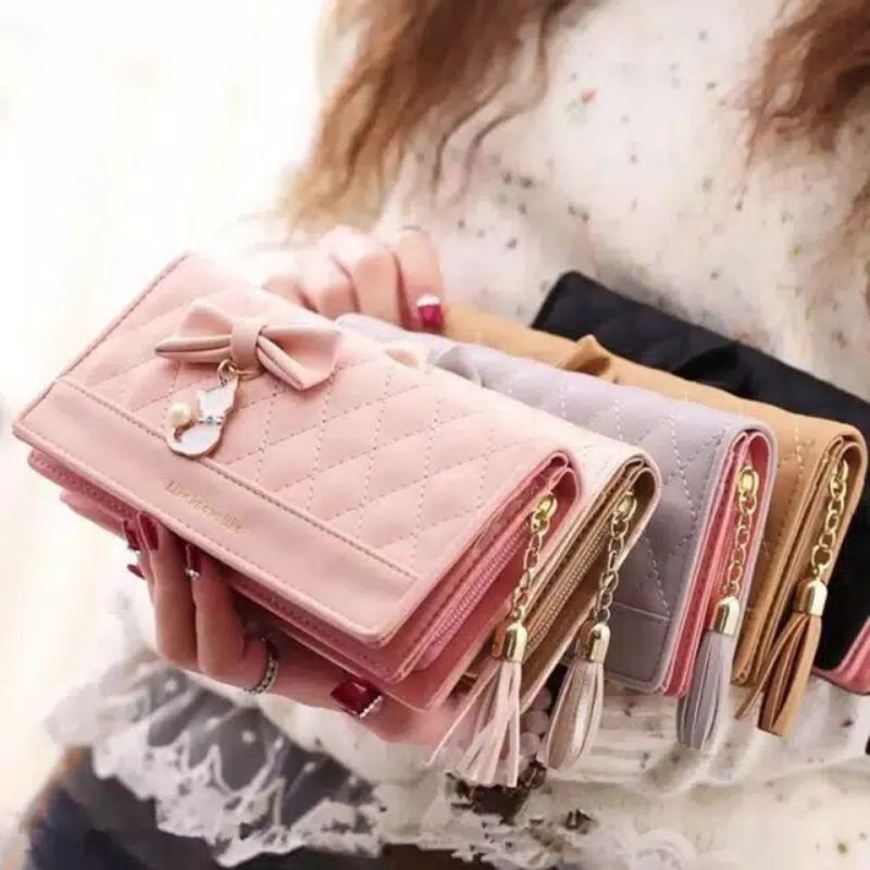 (Bisa COD✅) Dompet Lipat Panjang Wanita Fashion Wanita Korea Bahan Tebal Hiasan Pita