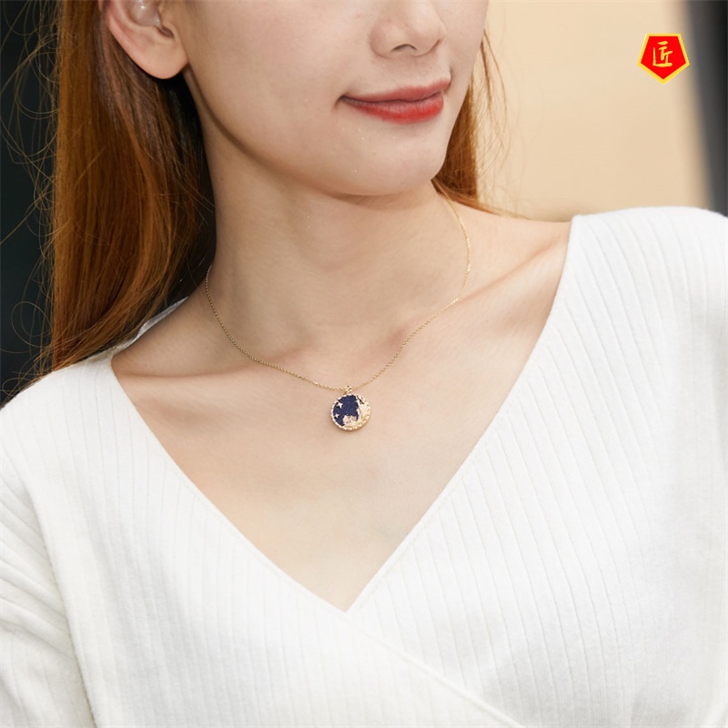 [Ready Stock]Creative Frozen Blue Gold Necklace 18K Gold Geometric Castle Pendant