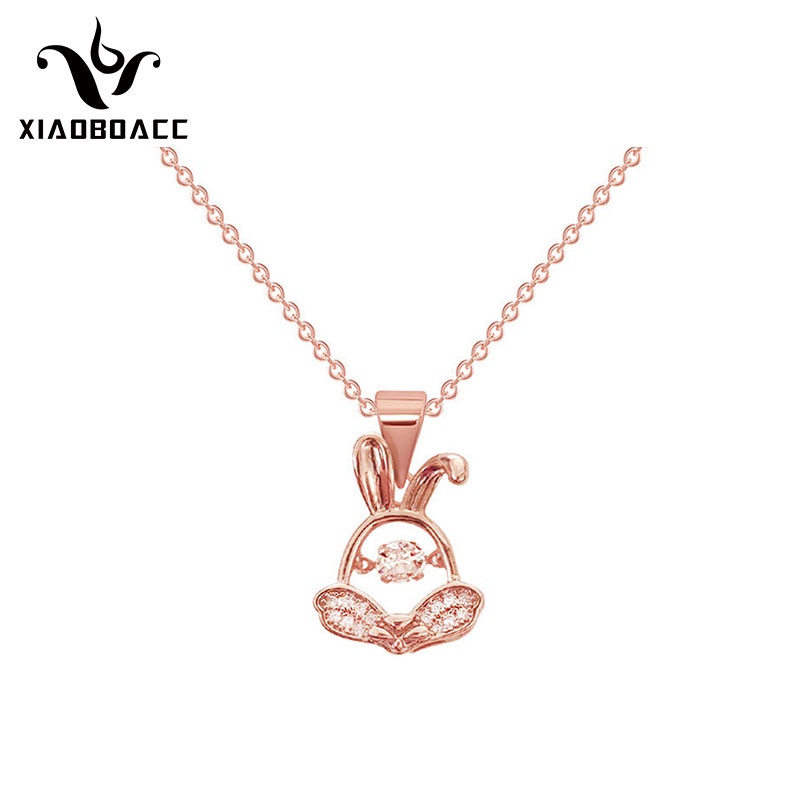 XiaoboACC Kalung Rantai Titanium Steel Lapis Rose Gold 18K Liontin Kelinci Hias Berlian Ukuran Untuk Wanita - 38CM + 6CM