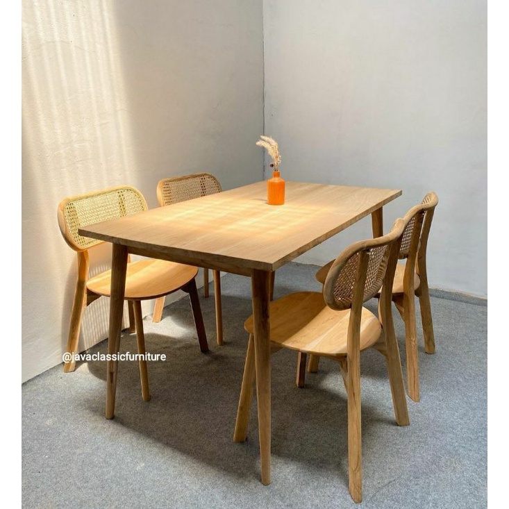 1 SET MEJA MAKAN KURSI ROTAN CAFE MINIMALIS VINTAGE DINNING CHAIR KITCHEN BAHAN KAYU JATI TPK GRADE A FURNITURE MEUBEL JEPARA-1