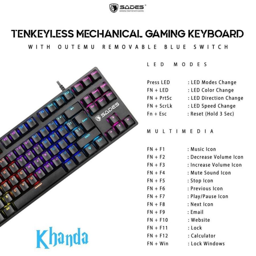 Keyboard Gaming Mechanical Sades Khanda RGB TKL Removable