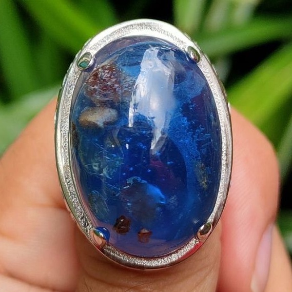 [BISA COD] Cincin Titanium Batu Akik Getah Katilayu Biru Amber Top Kristal